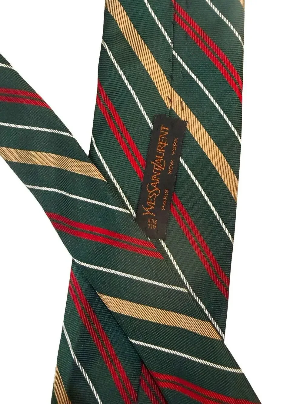 Yves Saint Laurent Men's Striped Woven Silk Tie Green Red Beige White Classic